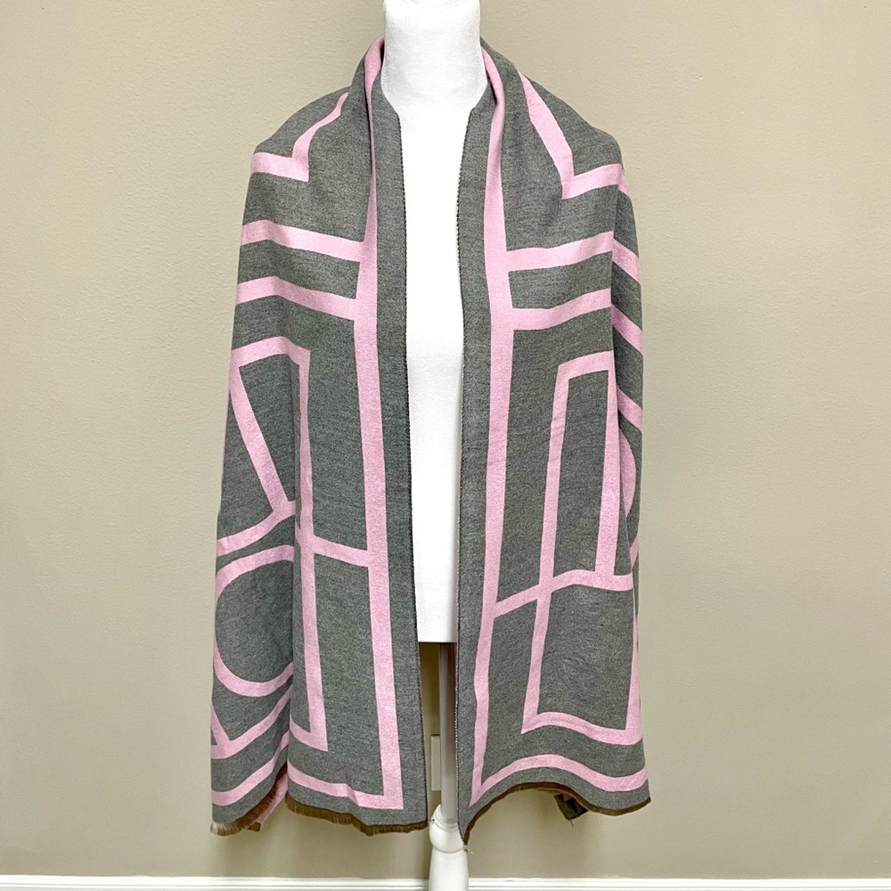 Heather Gray and Mauve Scarf With Fringe Trim